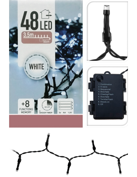 Guirnalda 48 LED Blanco Frío a Pilas | Luz Decorativa