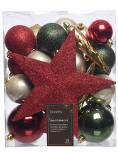 ADORNOS ARBOL 33 UD SURTIDOS VERDE-DORADO-ROJO