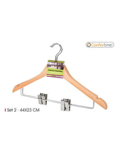 PERCHA MADERA RECTA C/PINZA SET-2 44X23 CM