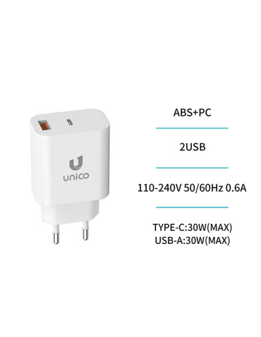 Cargador pared UNICO 30 W USB + USB-C