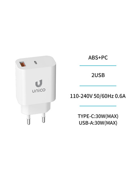 Cargador pared UNICO 30 W USB + USB-C